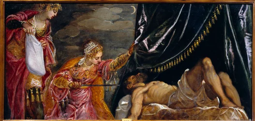Judith och Holofernes målning av Jacopo Robusti kallad Tintoret (Il Tintoretto) (1518-1594) 1500-talets sol. 0,58x1,19 m Madrid, Musee du Prado