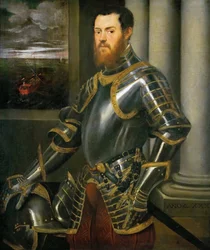 Porträtt av en man i en gulddekorerad rustning, ca 1555.