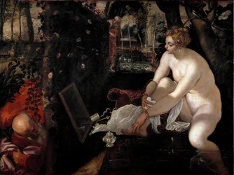 Suzanne and the Elders eller "" Suzanne in the Bath"" Målning av Jacopo Robusti dit il Tintoretto (Tintoret) (1518-1594)