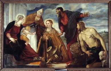 Jungfrun och barnet med Saint Catherine, Saint Augustine, Saint Mark, Saint John the Baptist Målning av Jacopo Robusti dit Il Tontoretto (Tintoret) 1549 Sön. 1,93x3,14 m Lyon, Musee des Beaux Arts