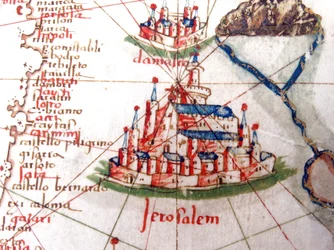 Detalj som visar Jerusalem och Damaskus från en renässanskarta över Europa, Jacopo Russo (efter), 1528