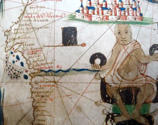 Detalj som visar en afrikansk linjal från en renässanskarta över Europa, Jacopo Russo (efter), 1528