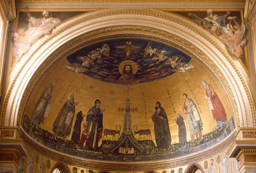 Interiörvy av absiden i Lateranbasilikan. Mosaik av Jacopo Torriti (verksam omkring 1291-14:e århundradet) och Jacopo da Camerino (verksam omkring 1288-1331) som föreställer det himmelska Jerusalem. Rom