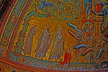 Den helige Franciskus, den helige Paulus, den helige Petrus, påve Nicolaus IV och änglar vid Jungfruns kröning, absid, ca 1290