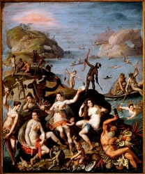 Korallfiske. Allegorisk framställning av upptäckten av den nya världen. Vattennymfer och indianska nymfer med havets rikedomar, koraller och pärlmusslor. Ca 1585, mått: 55 x 45 cm, Rom, Galleria Borghese