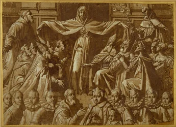 Madonna della Misericordia med Sts. Francis och Dominic, med andra helgon och härskare och en familj av donatorer (penna & brunt bläck med tvätt och vit kroppsfärg på papper)