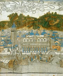Venedig och den gamla kampanilen innan den förstördes av en jordbävning, från Pregrinatio in Terram Sanctam, tryckt första gången 1486 ... (träsnitt)