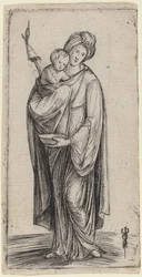 Kvinna och barn med distaff.