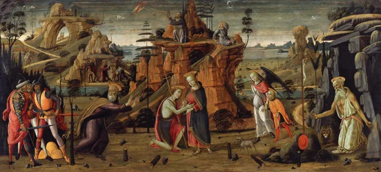 Landskap med bibliska scener och scener ur helgonlegender