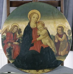 Madonna och barn med ärkeängeln Rafael och St. Johannes, ca 1490 (tempera på poppelträ)