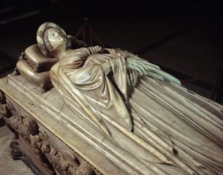 Liggande Ilaria del Carretto (1379-1405), hustru till den italienske politikern Paolo Guinigi (1376-1432) - Ilaria del Carrettos gravmonument, hustru till Paolo Guinigi. Marmorskulptur av Jacopo della Quercia (1371/74-1438), 1406-1407, Lucca