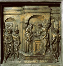 Ängeln visar sig för Sakarias (bronsbricka från dopfunt, ca 1427)