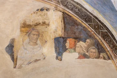 Lunett med en helgonfigur och fem oidentifierade figurer (fresk)