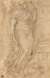Allegorisk figur med en katt och en gris, ca 1530 (tusch- och pennteckning)