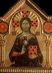 Polyptyk med återlösare och helgon: Detalj av Jesus vars aureol är markerad med ett kors - olja på panel 1271