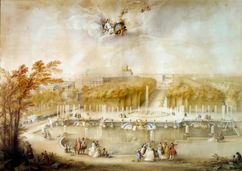 Perspektivvy av trädgårdarna och parterrerna du Nord och slottet i Versailles tagen från Neptunusbassängen Målning a la gouache av Jacques Andre Porte (1695-1759) Sön. 0,51x0,72 m Versailles, slottets miuse