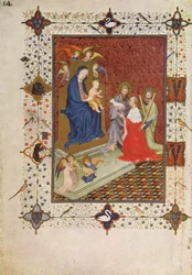 MS 11060-11061 Frontispice med Johannes, hertig av Berry, Sankt Andreas och Sankt Johannes som ber framför jungfrun, franska, från "Tres Riches Heures du Duc de Berry".