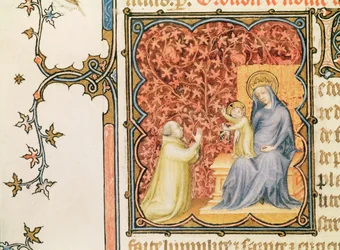 Ms Lat 18014 Jean de France (1340-1416) Hertig av Berry ber inför jungfrun och barnet, från Les Petites Heures de Duc de Berry, ca 1385-90