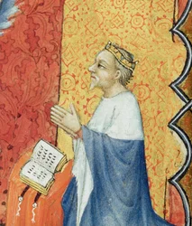 Ms Lat 18014 Jean de France 1340-1416 Hertig av Berry ber inför den evige fadern, från Les Petites Heures de Duc de Berry, c.1385-90 velängdetalj från 159990