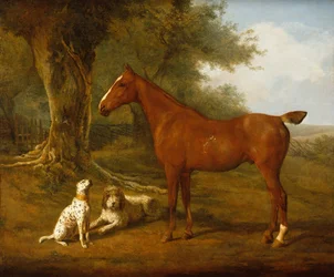 En kastanjejägare med en briard och en dalmatiner (olja)