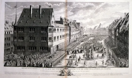 1700-talsillustration av Ludvig XV, kung av Frankrike, regerade 1715-1774, som går genom Rue de Strasbourg i Paris.