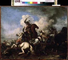 ""Le combat de chevaliers"" (Cavalry Combat) Målning av Jacques Courtois (1621-1676) 1600-talets Mikhail Kroshitsky konstmuseum, Sevastopol (Sevastopol) Ukraina
