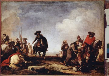 ""Efter slaget"" (Efter slaget) En grupp munkar passerar bland de sårade för att välsigna dem. Målning av Jacques Courtois (1621-1696) Hermitagemuseet från 1600-talet, Sankt Petersburg (Saint-Petersburg)