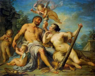 Herkules och Omfale. Herkules (Herakles) är förälskad i Omfale, vars slav han är. Målning av Jacques Dumont, kallad romaren (1701-1781). 1728. Mått: 1,33 x 1,67 m. Tours, Konstmuseet