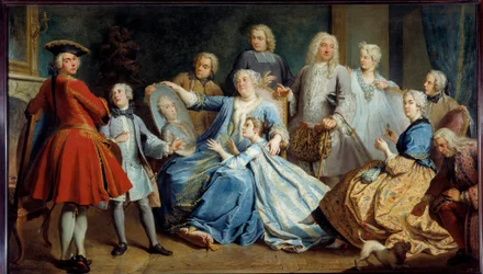 Porträtt av Madame Mercier, sjuksköterska till Ludvig XV, omgiven av sin familj. Målning av Jacques Dumont, dit le Romain (1701-1781)