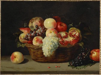 Panier de grenade, peches et raisins - En korg med granatäpple, persikor och vindruvor ...
