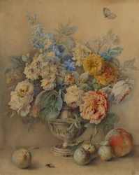 Blommor i en Silver Caster, Frukt i förgrunden, 1700-talet.