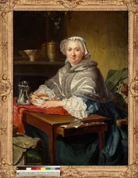 Madame Brion, sittande, tar te