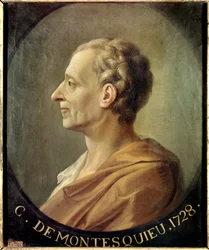 Porträtt av den franske filosofen och politiska tänkaren Charles de Secondat, Baron de la Brede et de Montesquieu (1689-1755) Porträtt av Jacques Antoine Dassier (1715-1759) omkring 1728. Dim. 0,63 X 0,52 m. Versailles. Chateau Museum - Porträtt av Fr