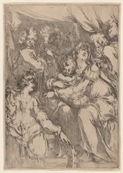 Den heliga familjen med Saint Catherine, Saint John the Evangelist och en ängel, 16121616.