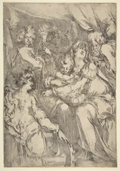 Den heliga familjen med Saint Catherine, Saint John the Evangelist and an Angel, 1612-16.
