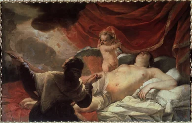 "Danaë". Zeus visar sig för Danaë för att förföra henne i form av ett regn av guldmynt. Målning av Jacques Blanchard (1600-1638), 1600-talet, Statliga friluftsmuseet Tsarskoje Selo, Sankt Petersburg, Ryssland