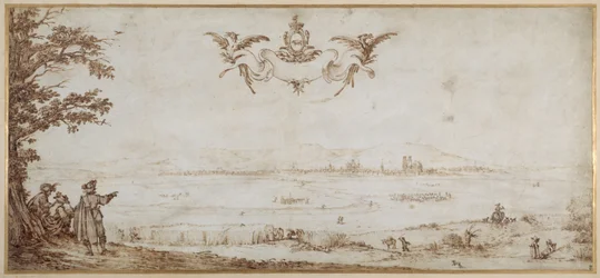 En vy av Toul över slätten, landskap med figurer, himlen med armarna av porslin (penna och brunt bläck på veläng)