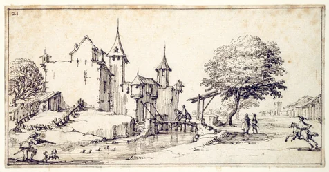 Ett slott med vindbrygga (penna & brunt bläck på papper)