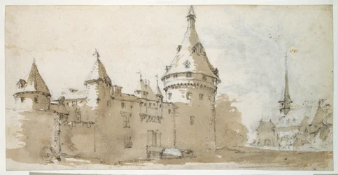 Ett slott med torn och en kyrka (brunt och grått över svart krita på papper)