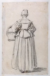 Figur vänd bakåt (svart krita på papper)