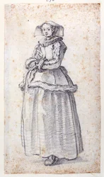 Figur med pälsbeströdd klänning (svart krita på papper)