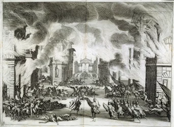 Illustration av pjäsen "Soliman" (Il Solimano). Tragedi av Prospero Bonarelli, Akt V, Scen V, 8 december