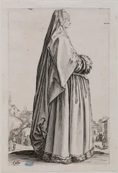 Adeln, damen med en stor slöja och en pälsbrämad klänning. Femte numret i en serie om 12 blad (Lieure 553, Meaume 679)