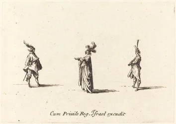 Dam med plymad hatt och två herrar, troligen 1634.