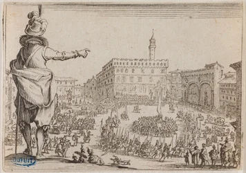 Nycker, En fest på Piazza della Signoria i Florens. Fyrtiosjätte numret i serien om 50 tryck graverade i Nancy (Lieure 473, Meaume 859)