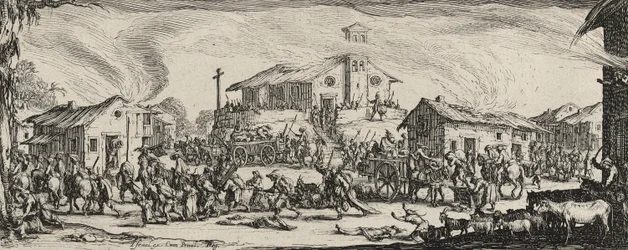 Plundra och bränna en by, 1633 (etsning på lagt papper)