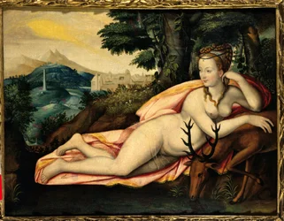 Representation av Diane de Poitiers (1499-1566) Lady of Breze, hertiginna av Valentinois och Diane Målning av Jacques Callot (1592-1635) 1500-talet. Senlis, jaktmuseum