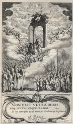 Heliga och helgon som skyndar vid paradisets dörr - komposition och gravyr av Jacques Callot (1592-1635)