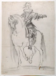 Skiss för Ludvig XIII till häst (svart krita på papper)