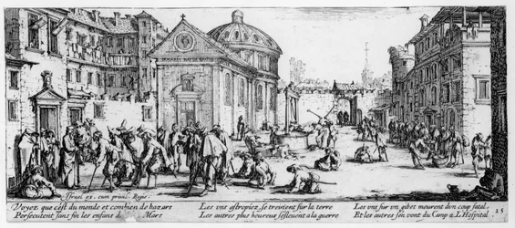 Sjukhuset, skylt 15 från Krigets elände och olyckor, graverad av Israel Henriet (ca 1590-1661) 1633